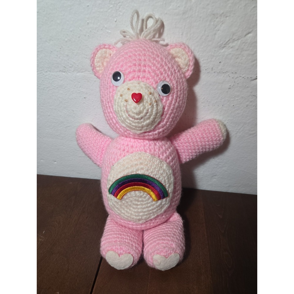 Handmade Vintage Carebear Pink With Rainbow 15" Crochet Teddy Bear Plush